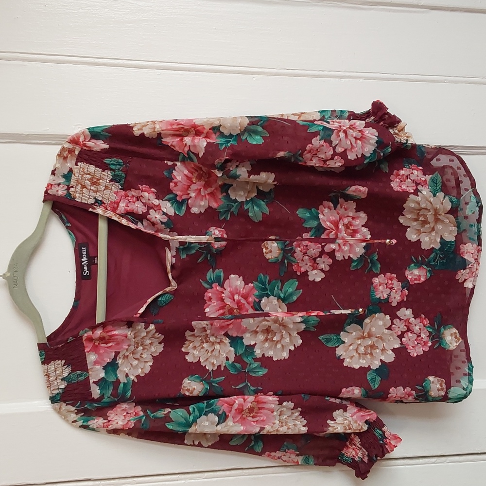SARA MICHELE BURGUNDY FLORAL BLOUSE SIZE LARGE